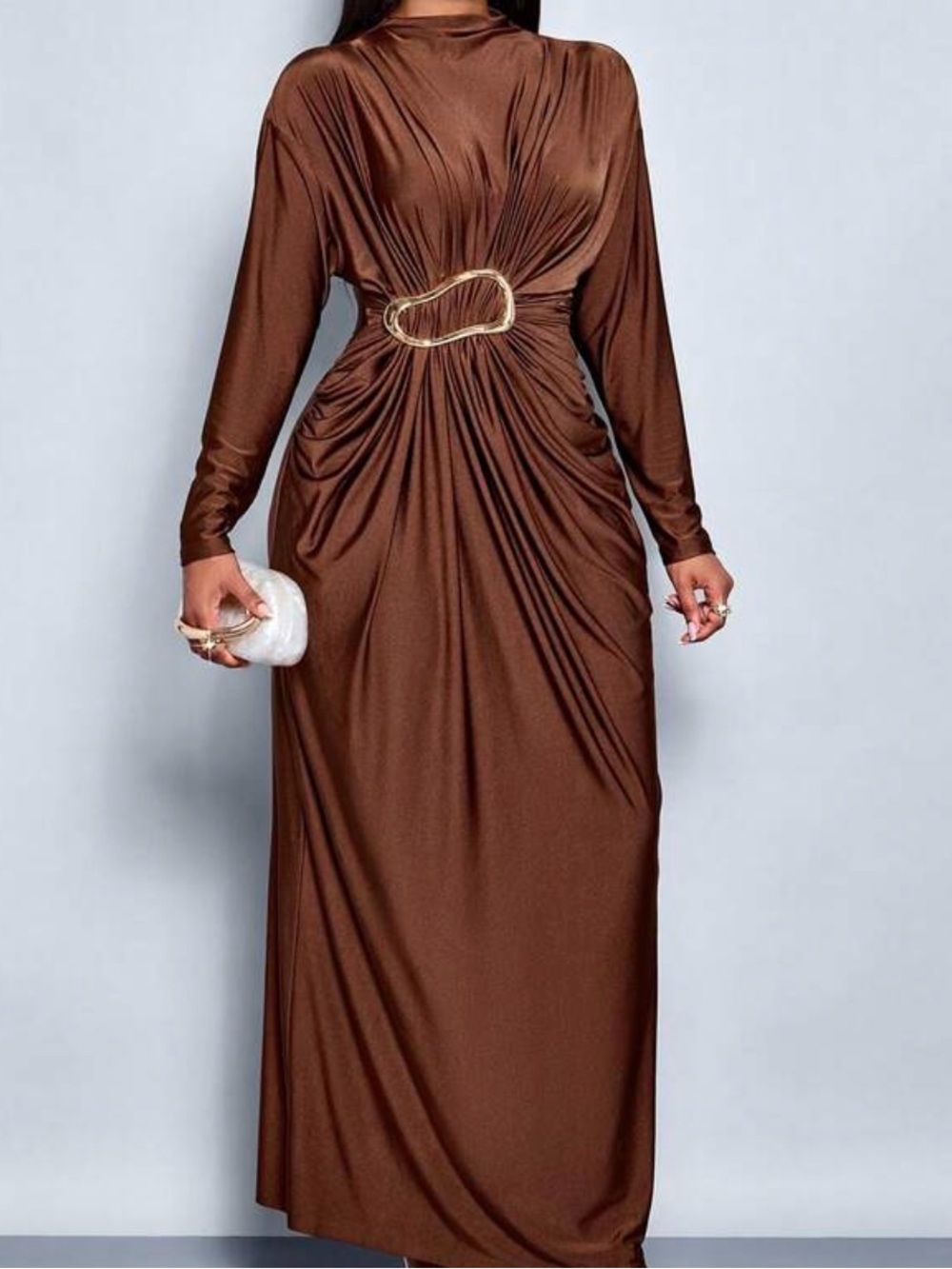 Elegant Brown Long-Sleeve Draped Maxi Dress with Gold Accent